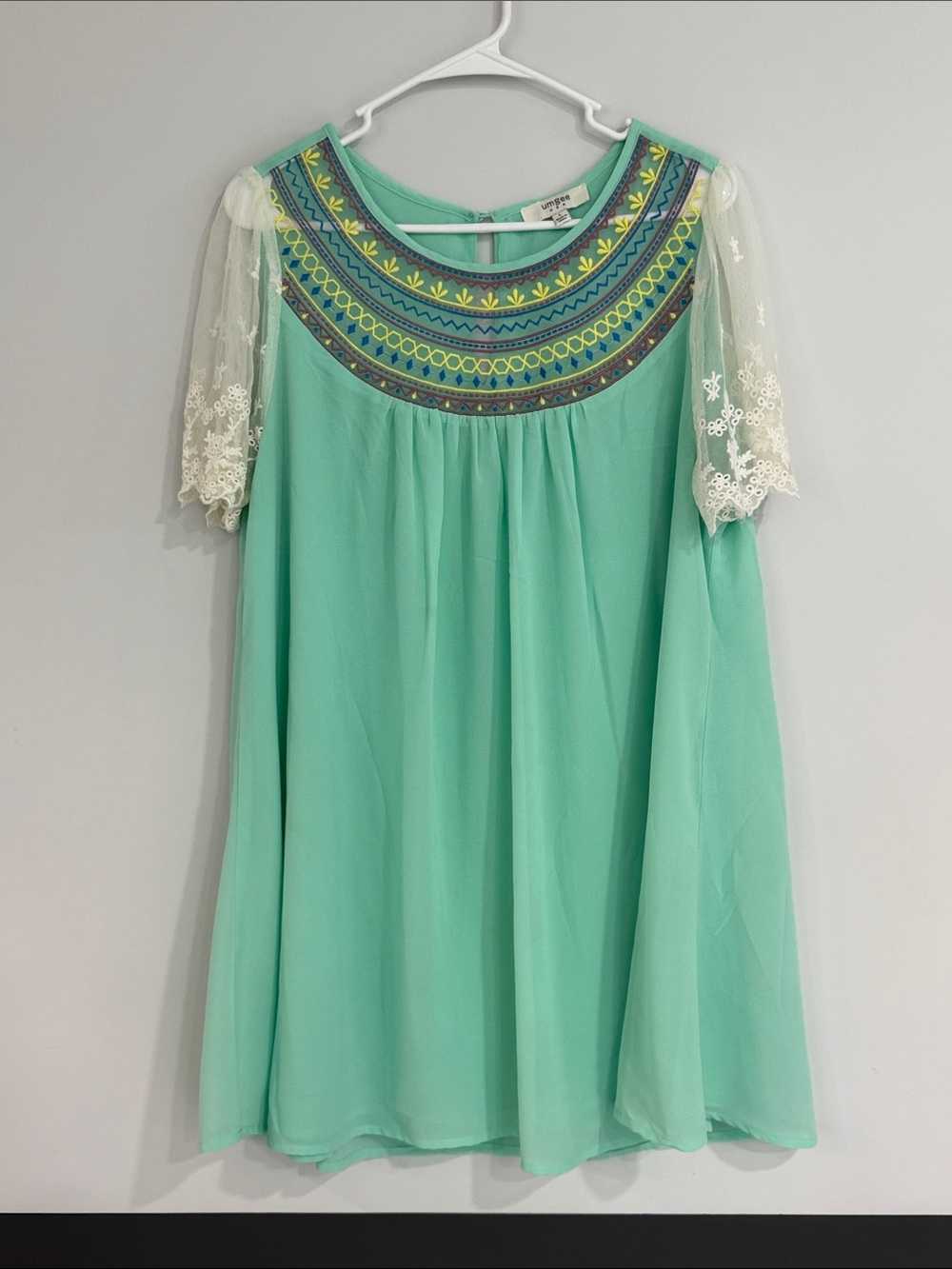 Umgee Mint Green Embroidered Yoke Midi Dress with Lace Sleeves